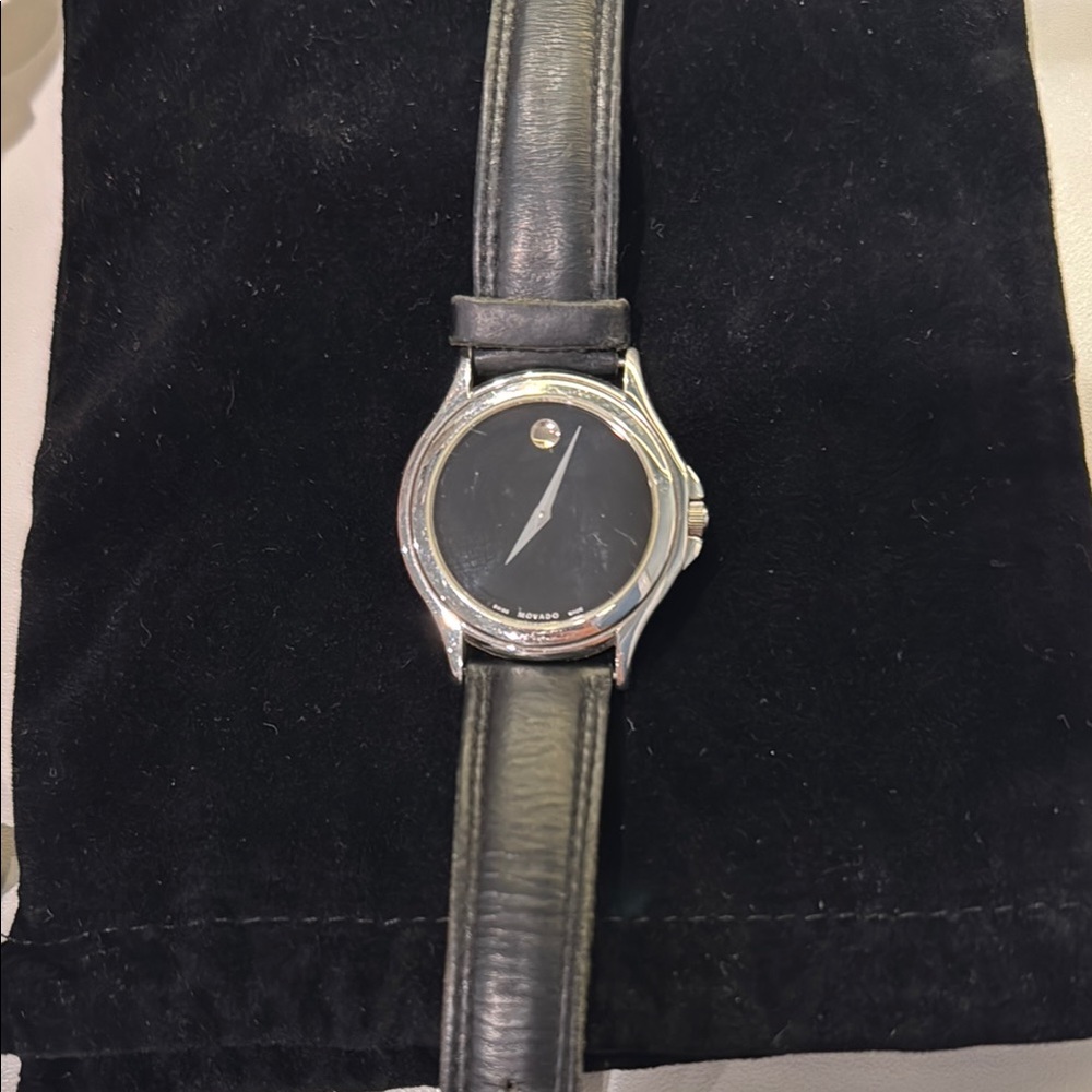 Movado Black and Silver Watch with Leather Strap